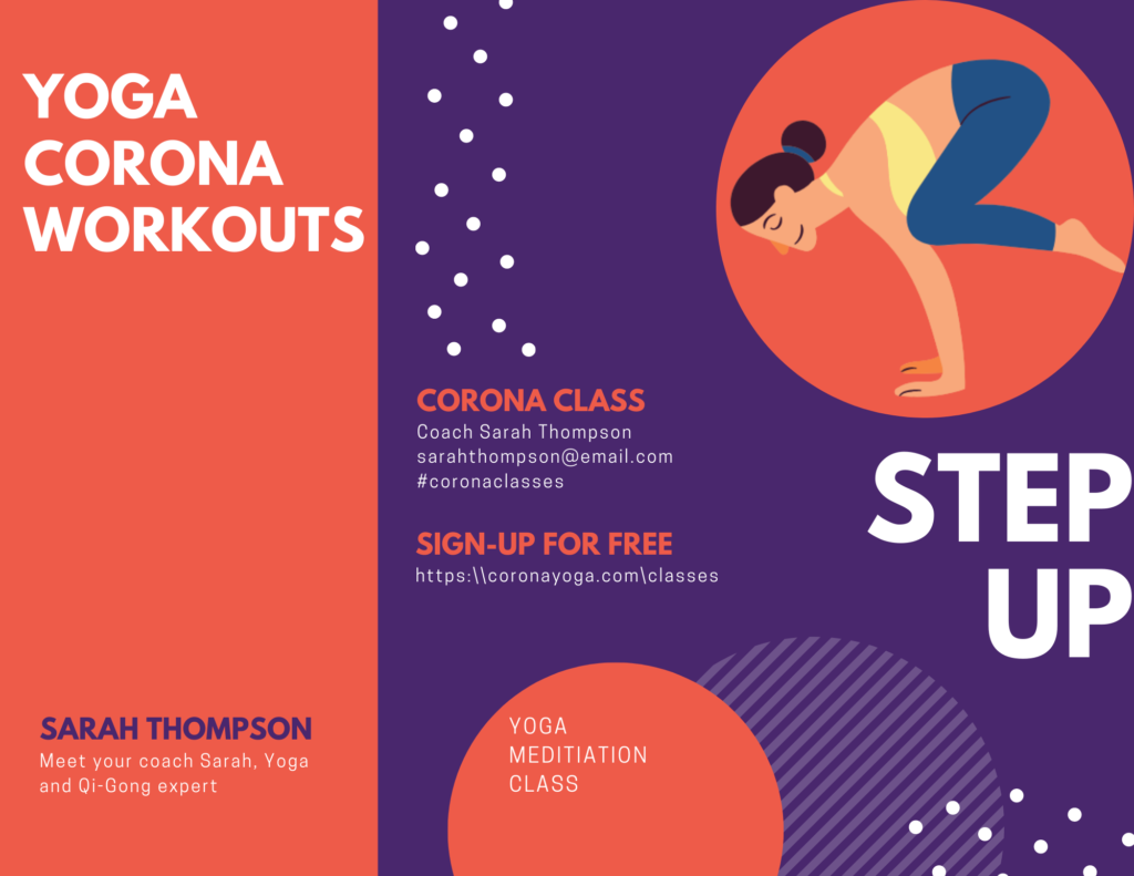 Yoga Corona Workouts Flyer part 1, free corona classes online with Sarah Thompson