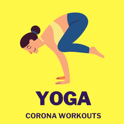 Yoga Corona Workouts Logo, girl in relaxed handstand above the word yoga