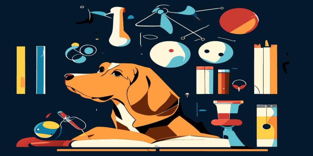Behaviorism Learning Theory. The image is a cartoon illustration. It features a golden-colored dog sitting on a white book. Created with recraft.ai