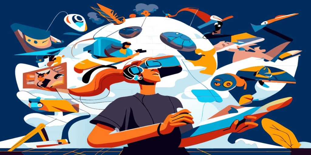 Digital illustration of a person immersed in a virtual reality environment with various futuristic elements. Created with recraft.ai.
