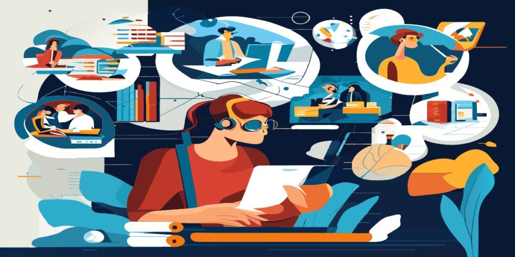 Exploring the Future Instructional Design and AI. A digital illustration of a modern work environment with a person using a laptop and tablet, surrounded by various work-related symbols. created with recraft.ai