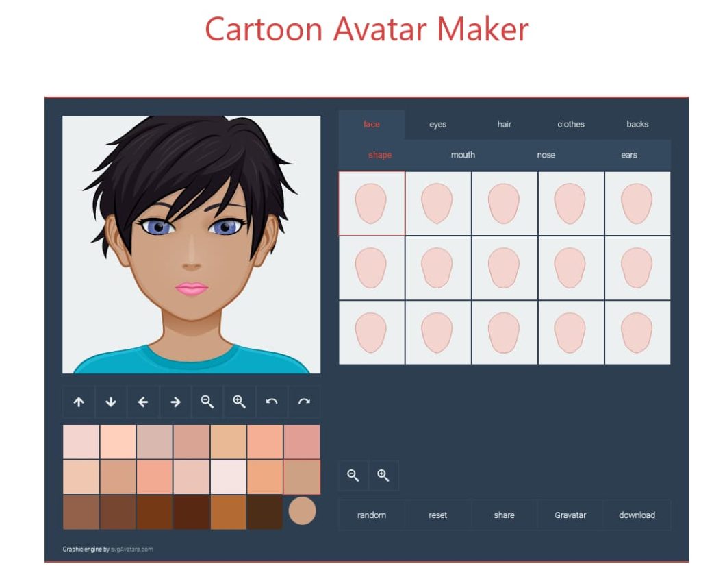 A cartoon avatar maker interface with a face and various customization options.