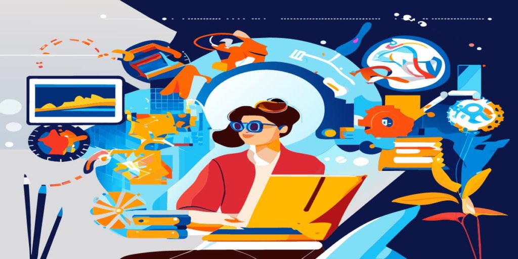A graphic illustration of a person working on a laptop surrounded by various objects and technology. Created with recraft.ai