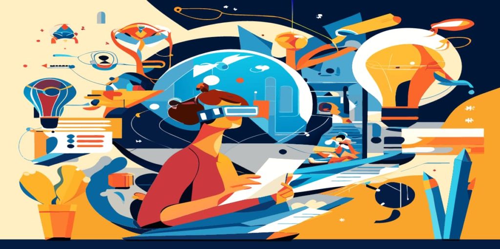 Digital illustration of a person immersed in a futuristic project using a VR headset and surrounded by technological elements. Created with recraft.ai