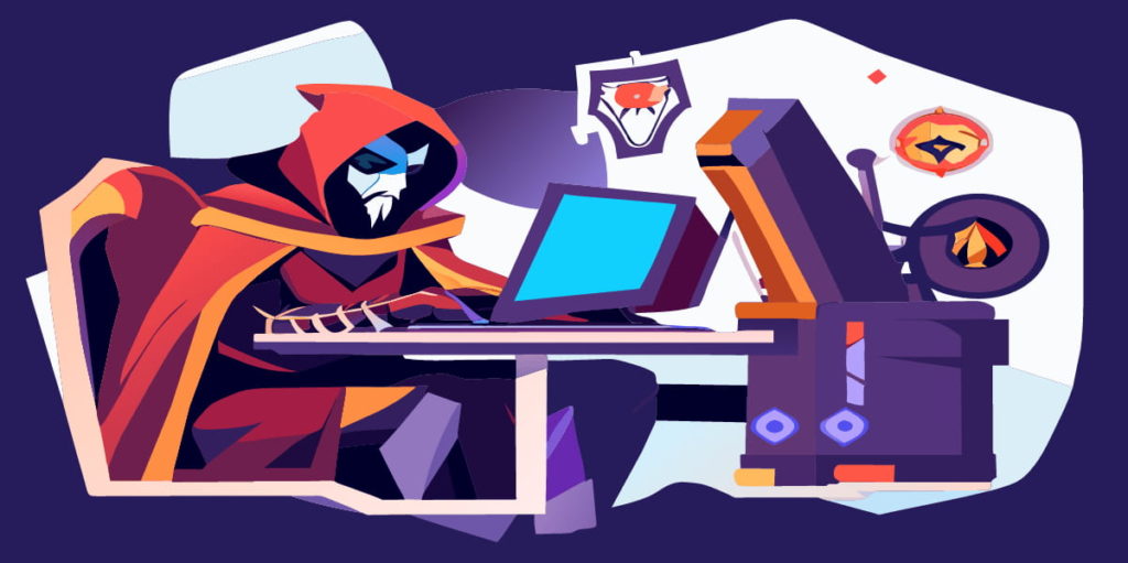 Example of an online course avatar. Illustration in halloween style of a hacker in a red hoodie sitting at a desk with a laptop and other technological equipment.