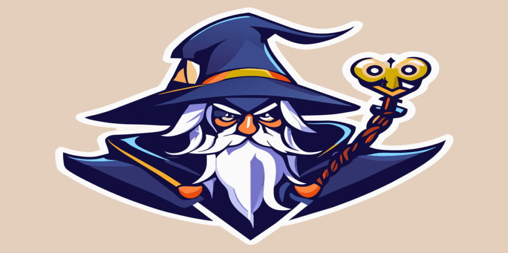 Online course avatar.  A cartoon wizard with a blue hat and robe holding a golden key. created with recraft.ai