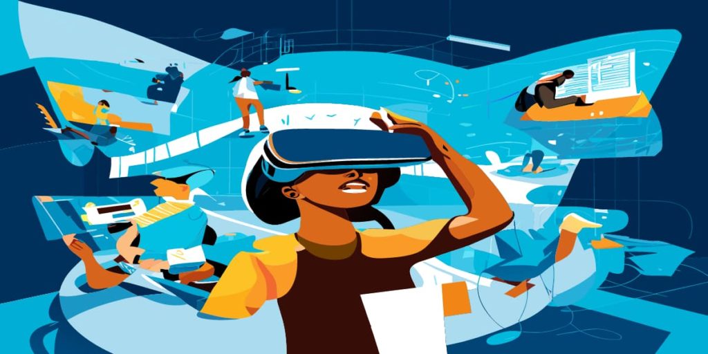  An illustration of a person wearing a VR headset and holding a paper in a futuristic setting. created with recraft.ai