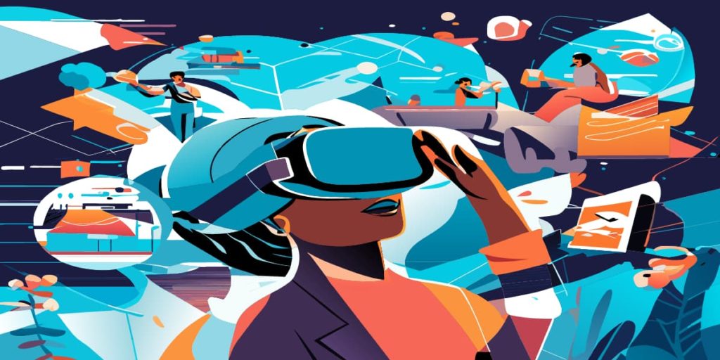 A person wearing a virtual reality headset is surrounded by various futuristic objects and people. Created with recraft.ai