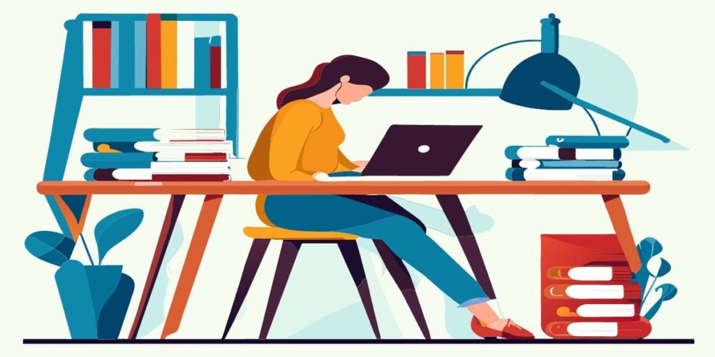 Merrill's Principles of Instruction: A framework for effective eLearning design. A woman typing on a laptop with an “I love AI” sticker at a desk with books, a lamp, and a plant.