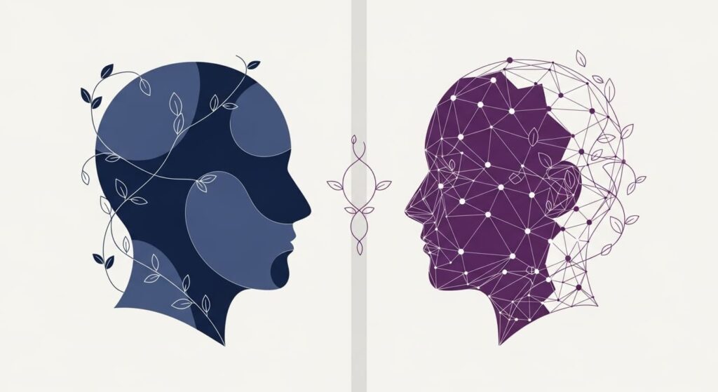 Human-AI Kollaboration im Online-LernenHuman-AI Kollaboration im Online-Lernen- ymmetrical diptych of abstract human and AI heads connected by natural vine lines representing harmonious collaboration