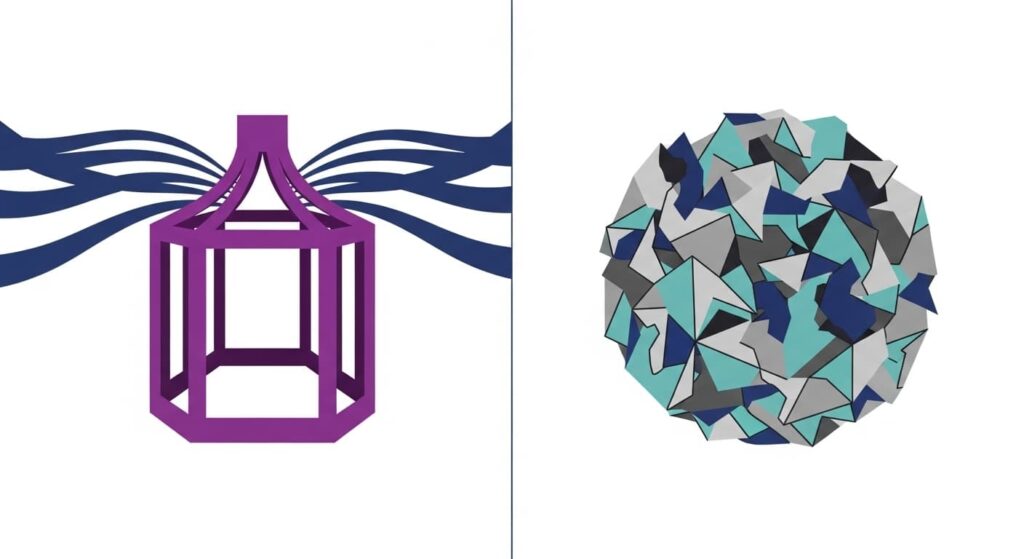 Kritische Bildung & Gen-AI featured image. Abstract open cage with flowing lines contrasts with angular shapes symbolizing illusion of freedom versus hidden constraints