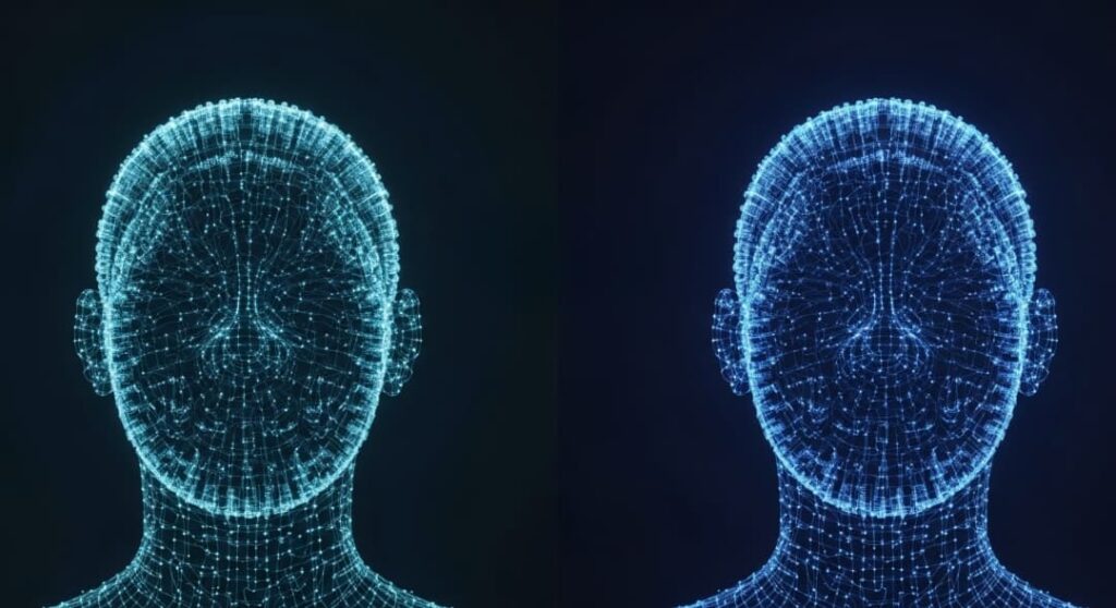 Kritische Bildung und generative KI. Ein Kommentar - featured image. Abstract symmetrical head split into warm and cool geometric halves symbolizing generative AI's opportunities and risks in education.